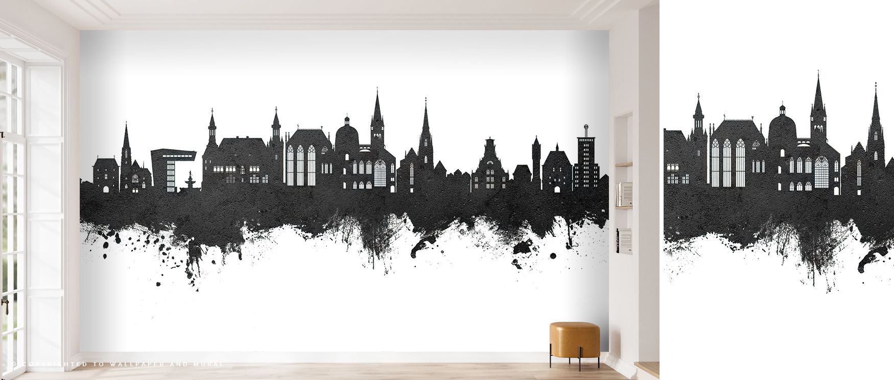 Across the Aachen Germany Skyline Black & White Wallpaper, city landmarks emerge through layers of grayscale tone. The imagery conveys calm precision and refined strength, making walls feel timeless, elegant, and deeply connected to architectural heritage