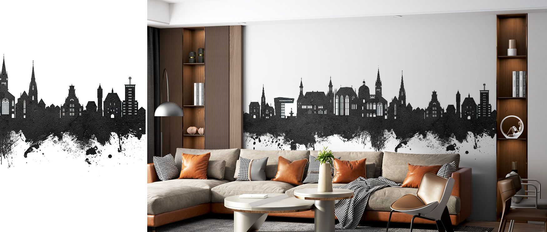 Details unfold gently through the Aachen Germany Skyline Black & White Wallpaper, where monochrome tone enhances texture and depth. This design harmonizes artistic subtlety with the power of modern architecture. 