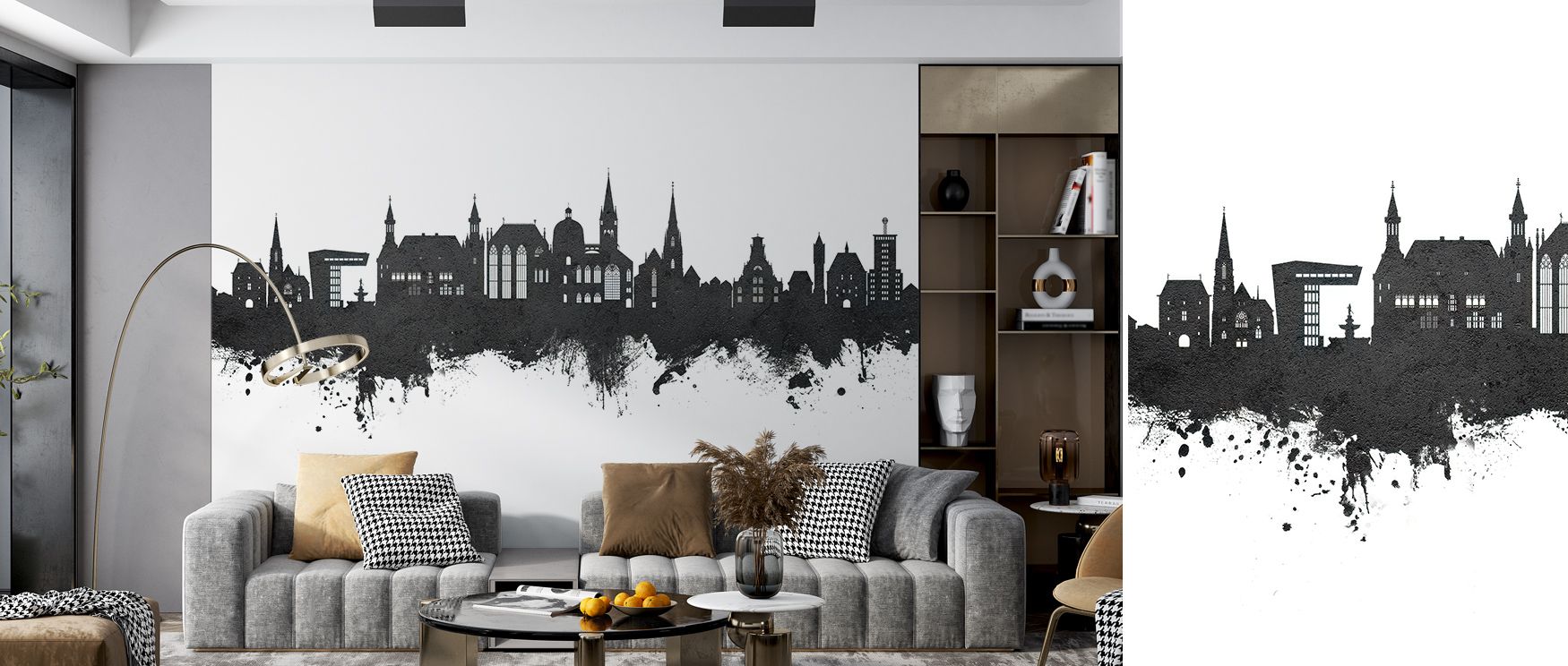 Architectural rhythm defines the Aachen Germany Skyline Black & White Wallpaper. The play between soft gradient and sharp outline evokes serenity and grandeur, perfect for sophisticated interiors inspired by modern cityscapes. 