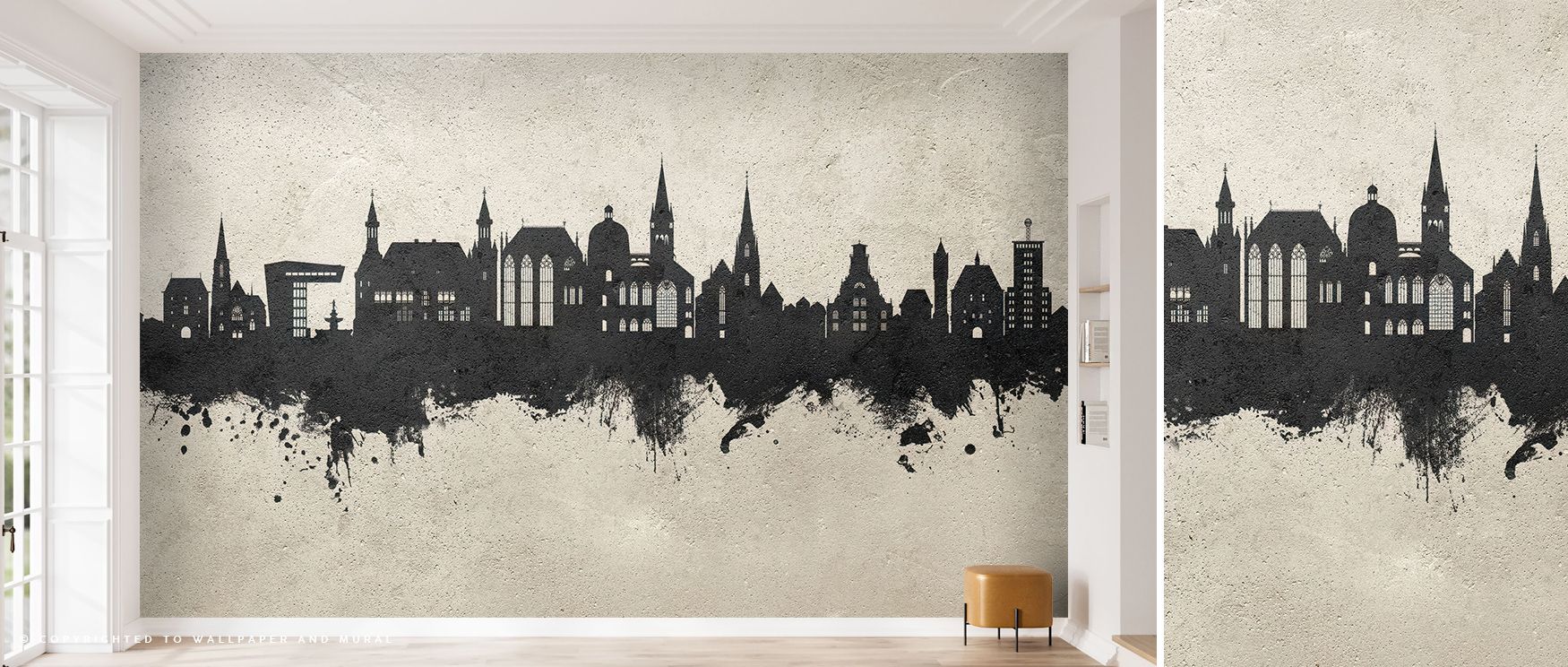 Subtle tones of gray and shadow define the Aachen Germany Skyline Concrete Wallpaper, where architectural outlines rise from textured mist. The design radiates industrial calm and structural grace, ideal for serene modern interiors filled with light and u