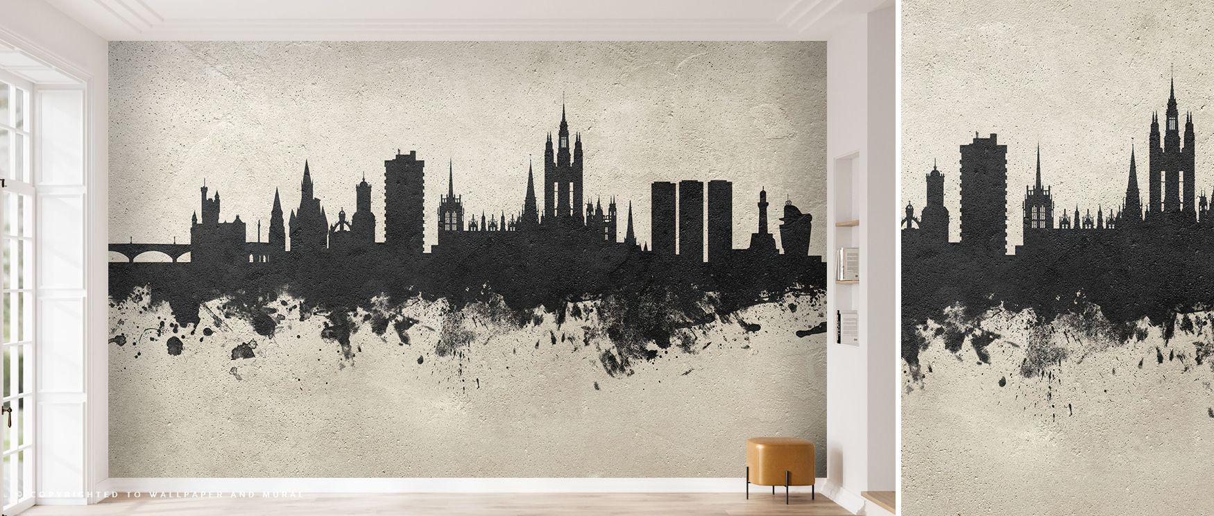 Gentle tones flow through the Aberdeen Scotland Skyline Concrete Wallpaper, revealing architectural silhouettes in misty gray hues. The design’s textural elegance and subtle contrast evoke serenity, enhancing interiors with understated Scottish charm. 