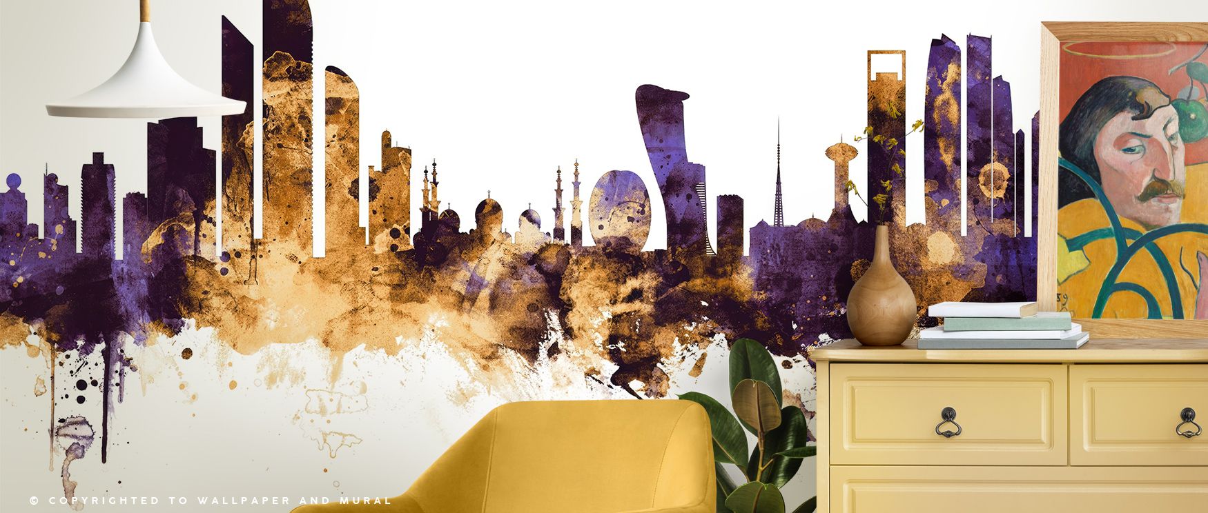 Abu Dhabi Skyline Purple & Gold Wallpaper embodies elegance through minimal form and rich hue. Its lustrous tone balance inspires harmony and depth, ideal for rooms designed with artistic restraint. 