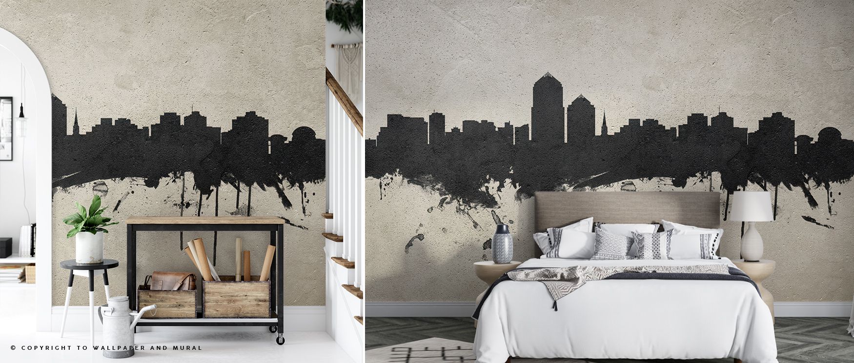 In the Albuquerque New Mexico Skyline Concrete Wallpaper, city silhouettes rise through atmospheric light. The mural’s texture and detail reflect industrial artistry, turning interiors into havens of composure where design and emotion coexist gracefully. 