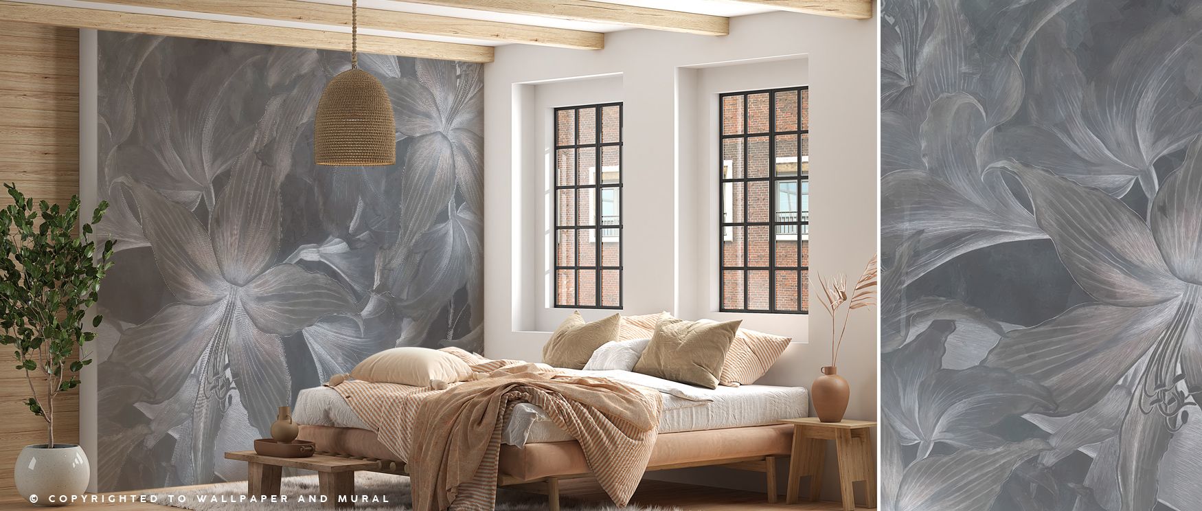 The Amarantus Dream Gray Wallpaper mirrors the beauty of simplicity. Soft, fluid petals appear to hover in the air, diffused in luminous mist. The muted color scheme conveys emotion through restraint, transforming minimal interiors into spaces of reflecti