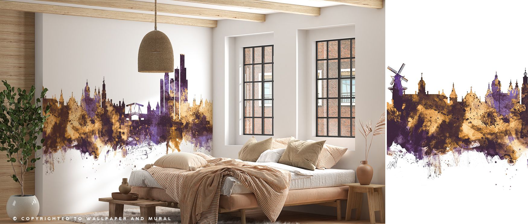 Layers of gold and violet create fluid movement across the Amsterdam Skyline Purple & Gold Wallpaper. Its graceful cityscape appears as if painted by fading sunlight, the colors shifting gently as the eye moves. The mural’s reflective nature brings light 