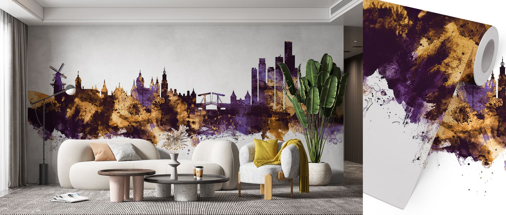 Across the Amsterdam Skyline Purple & Gold Wallpaper, geometric lines and organic tones merge seamlessly. Each element reflects artistry and structure, combining calm presence with visual richness. Its palette evokes luxury and peace, perfect for refined 