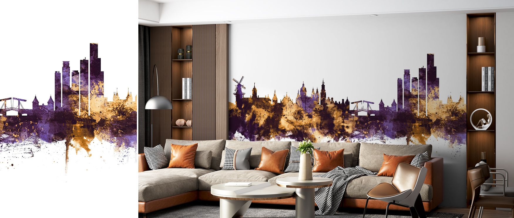 The Amsterdam Skyline Purple & Gold Wallpaper captures stillness within illumination. The city appears alive yet composed, its lines softened by light. This mural becomes a story of elegance — timeless, expressive, and designed for serene interiors. 