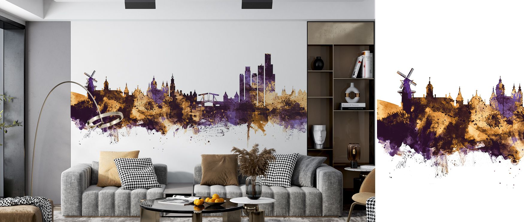 Radiant hues flow through the Amsterdam Skyline Purple & Gold Wallpaper, reflecting the transition from day to night. The skyline glows with peaceful rhythm, inviting warmth and reflective sophistication. 