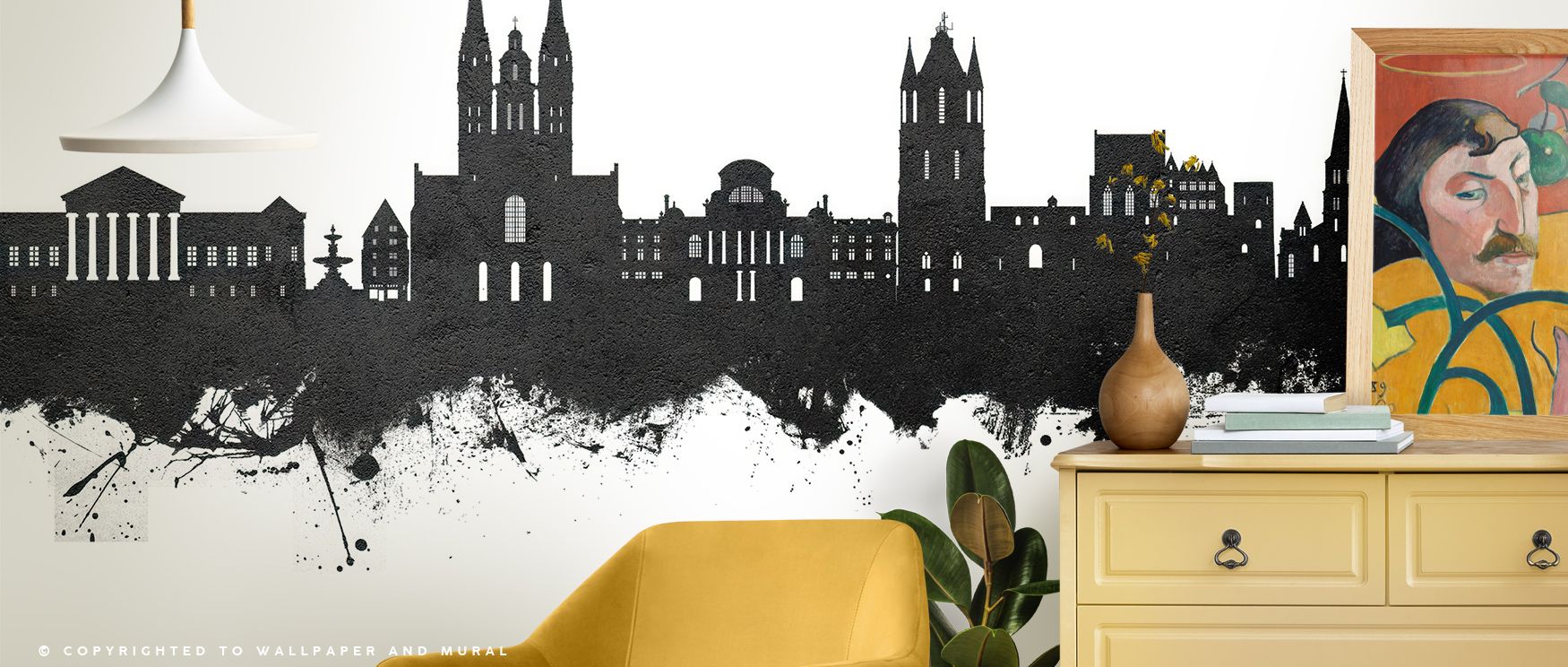 Urban silhouettes shimmer softly across Angers France Skyline Black & White Wallpaper, depicting elegant towers and bridges through delicate grayscale layers that express emotion and architectural harmony, enriching a tranquil living area filled with sere