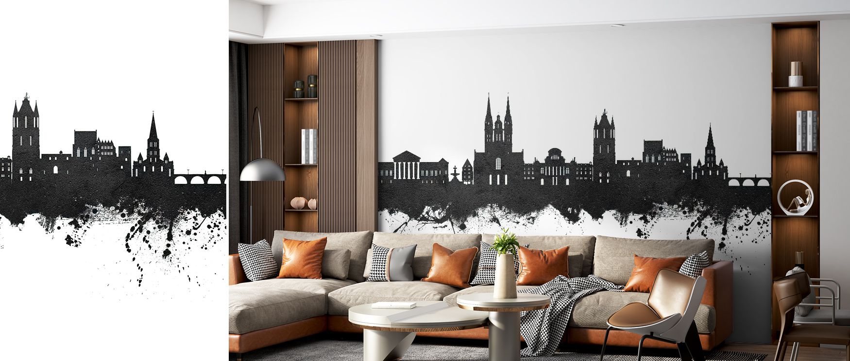 Evening ambience radiates through Angers France Skyline Black & White Wallpaper, capturing city essence under moonlit gradients; soft highlights glide across ornate façades, forming immersive tranquility for living rooms bathed in quiet charm and delicate