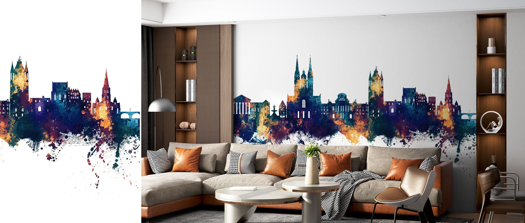 Elegant transitions unfold in Angers France Skyline Blue & Bronze Wallpaper as blue and bronze interplay evokes timeless wonder; architectural finesse meets emotive colour blending that enriches ambient décor of modern living spaces with radiant tranquili