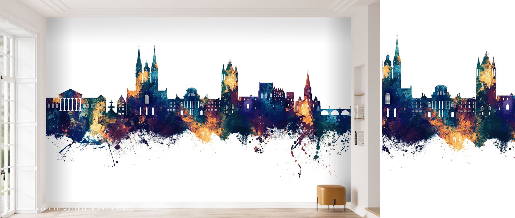 Bronzed towers gleam softly within Angers France Skyline Blue & Bronze Wallpaper, revealing reflections of heritage through contemporary allure; layers of azure calm embrace structure and shadow, shaping poetic environment suited for elegant interiors fil