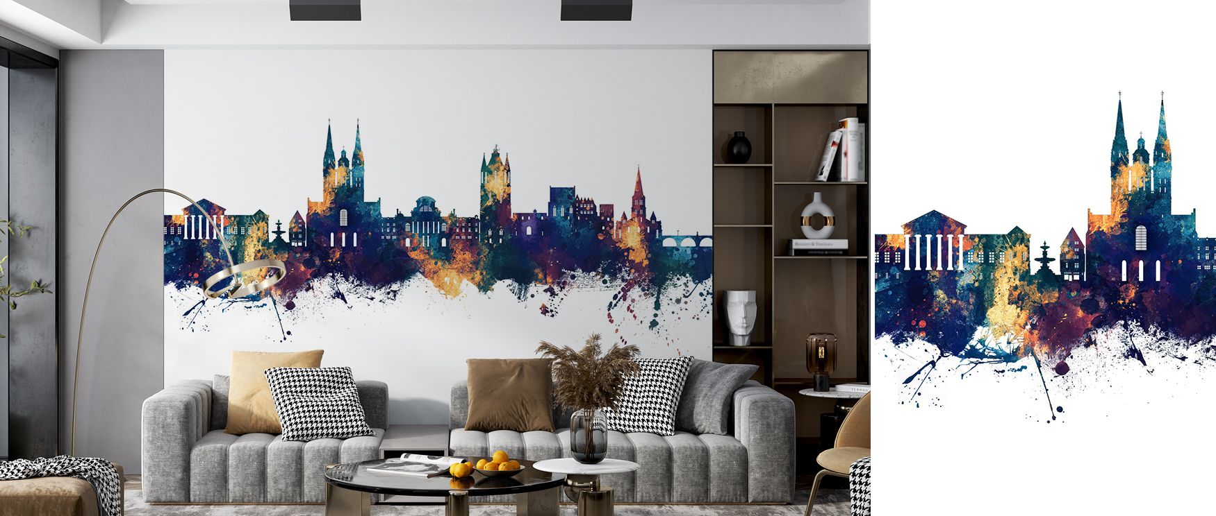 Subtle metallic glint breathes through Angers France Skyline Blue & Bronze Wallpaper, infusing warmth amid cool serenity; tones merge seamlessly to form rhythmic skyline movement, perfect for living areas exuding calm elegance and immersive French ambienc