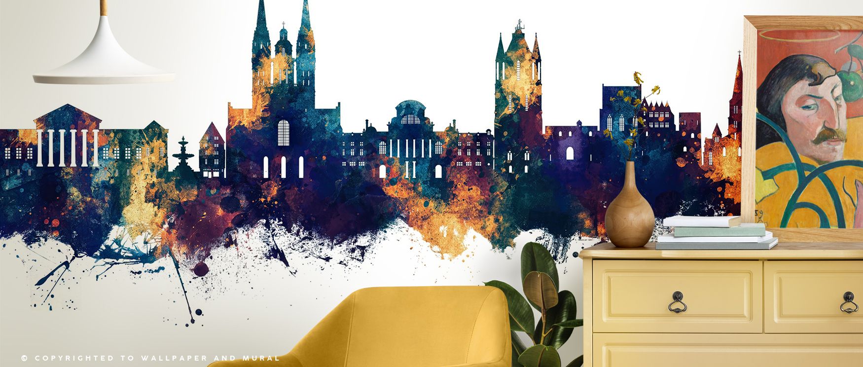 Enchanting contrast defines Angers France Skyline Blue & Bronze Wallpaper, weaving bronze highlights into cool blue expanses; city silhouettes emerge like art against evening haze, ideal for rooms embodying sophistication, creativity, and timeless urban r