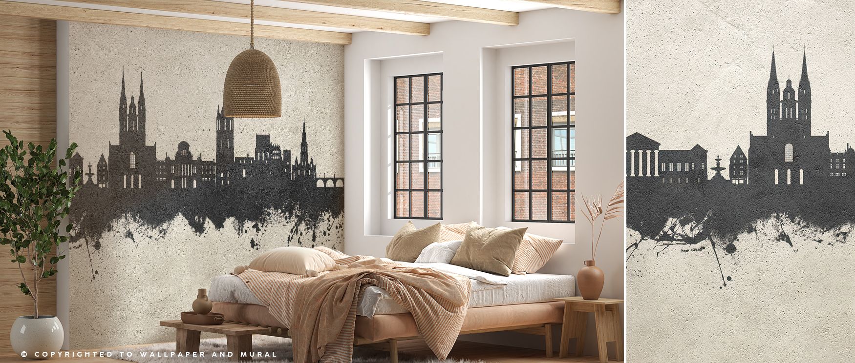 Elegant gradation defines Angers France Skyline Concrete Wallpaper as cool stone tones highlight silhouettes of Angers’ skyline, adding sculptural clarity and balance. Its rhythmic design infuses interiors with urban poise and refined sophistication that 