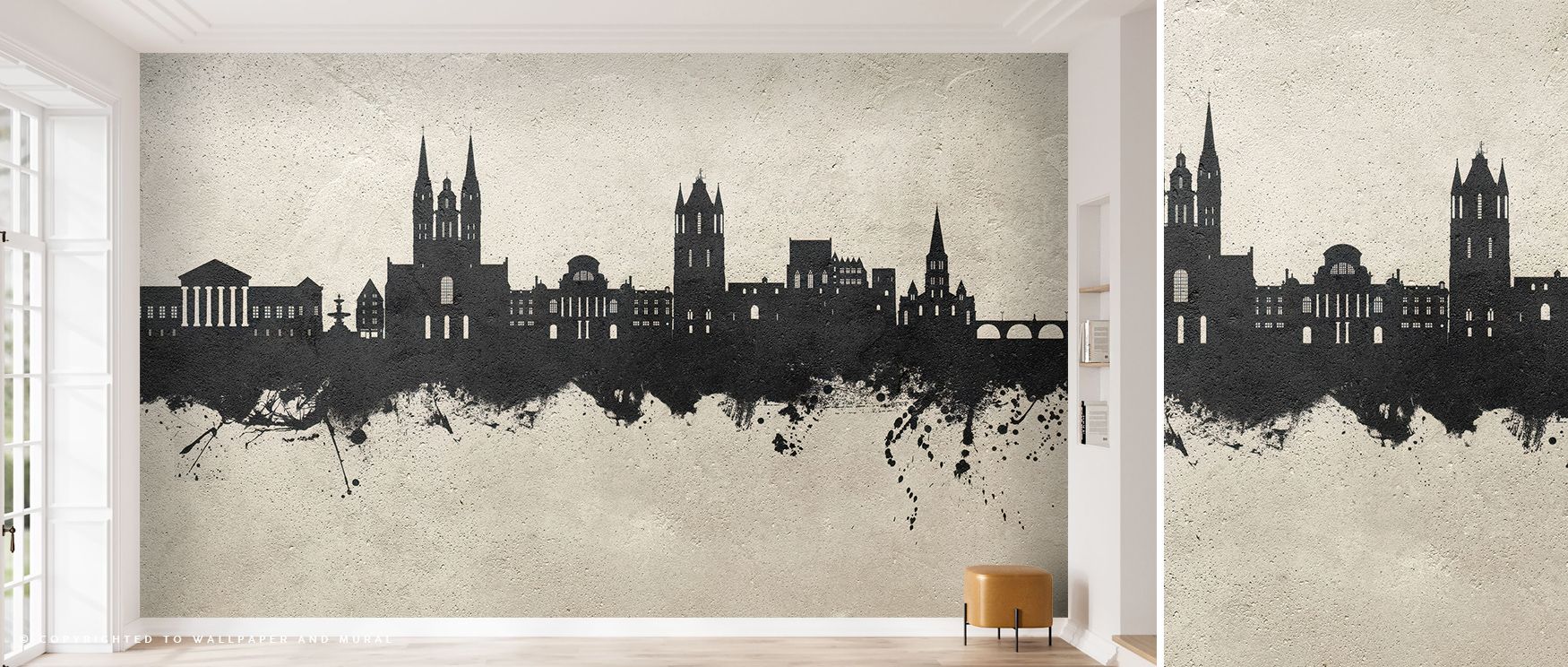 Industrial calm radiates through Angers France Skyline Concrete Wallpaper, merging raw detail with modern softness. Silhouettes blend within grey gradients, illuminating interiors that embrace texture, design balance, and quiet energy reminiscent of sophi