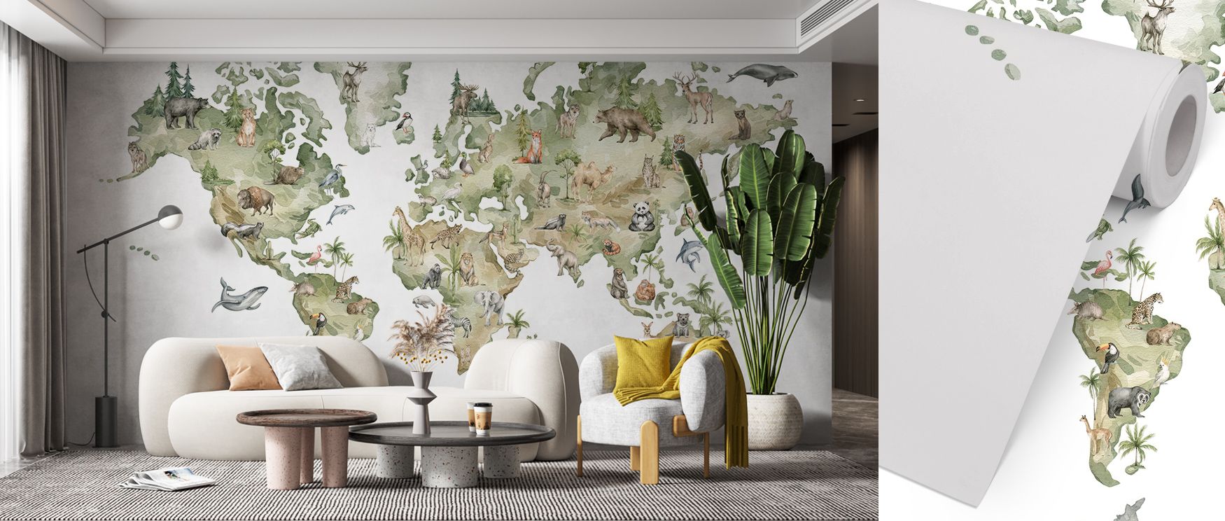 Whales glide near polar peaks within Animals From Around the World Map Wallpaper, surrounded by elephants and foxes rendered in painterly style. The map becomes a living gallery of wildlife and continents, ideal for nurturing creativity and fascination am