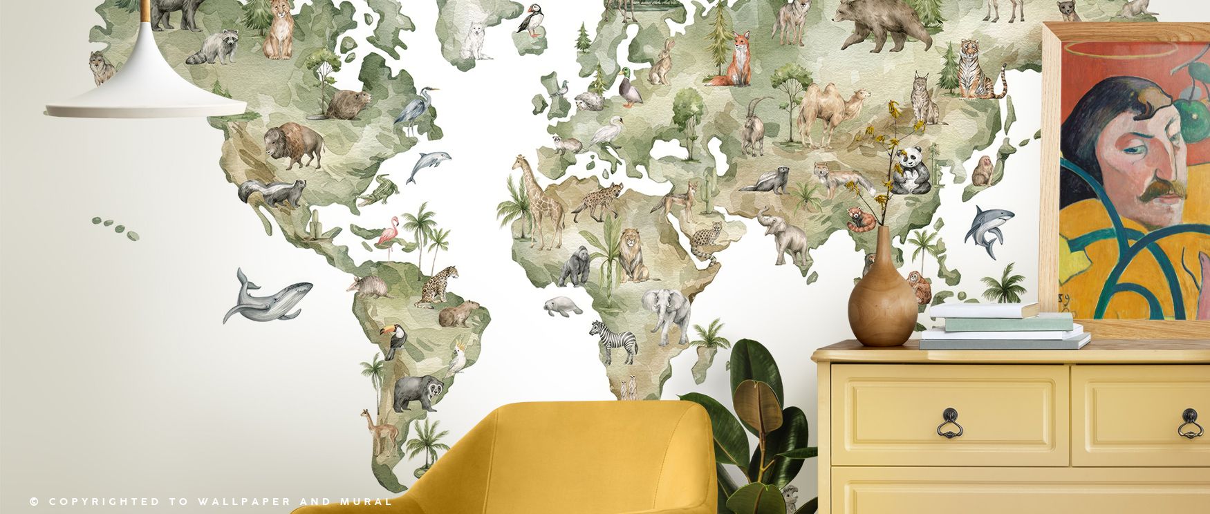 Gentle tones and bright patterns enliven Animals From Around the World Map Wallpaper, weaving continents with joyful energy. Each illustration conveys cultural and ecological beauty, making interiors a space for learning, color, and shared creativity amon