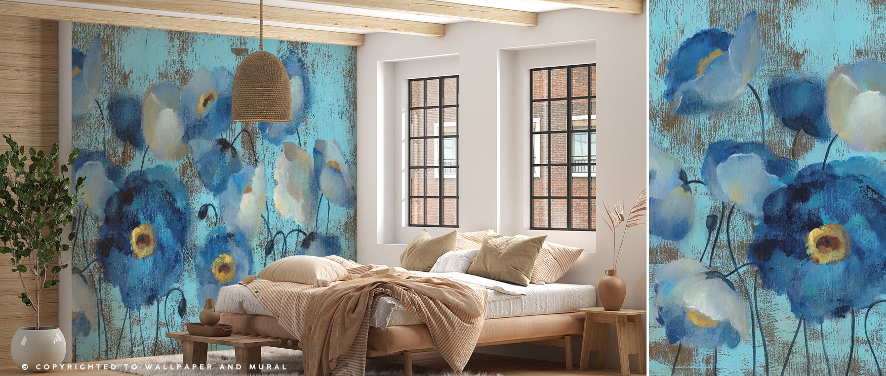 Tranquil blossoms flow across Aquamarine Floral on Blue Wallpaper, their aquamarine tones shimmering gently over soft blue background. Each petal radiates subtle peace, crafting interiors filled with calm rhythm and graceful coastal serenity ideal for mod