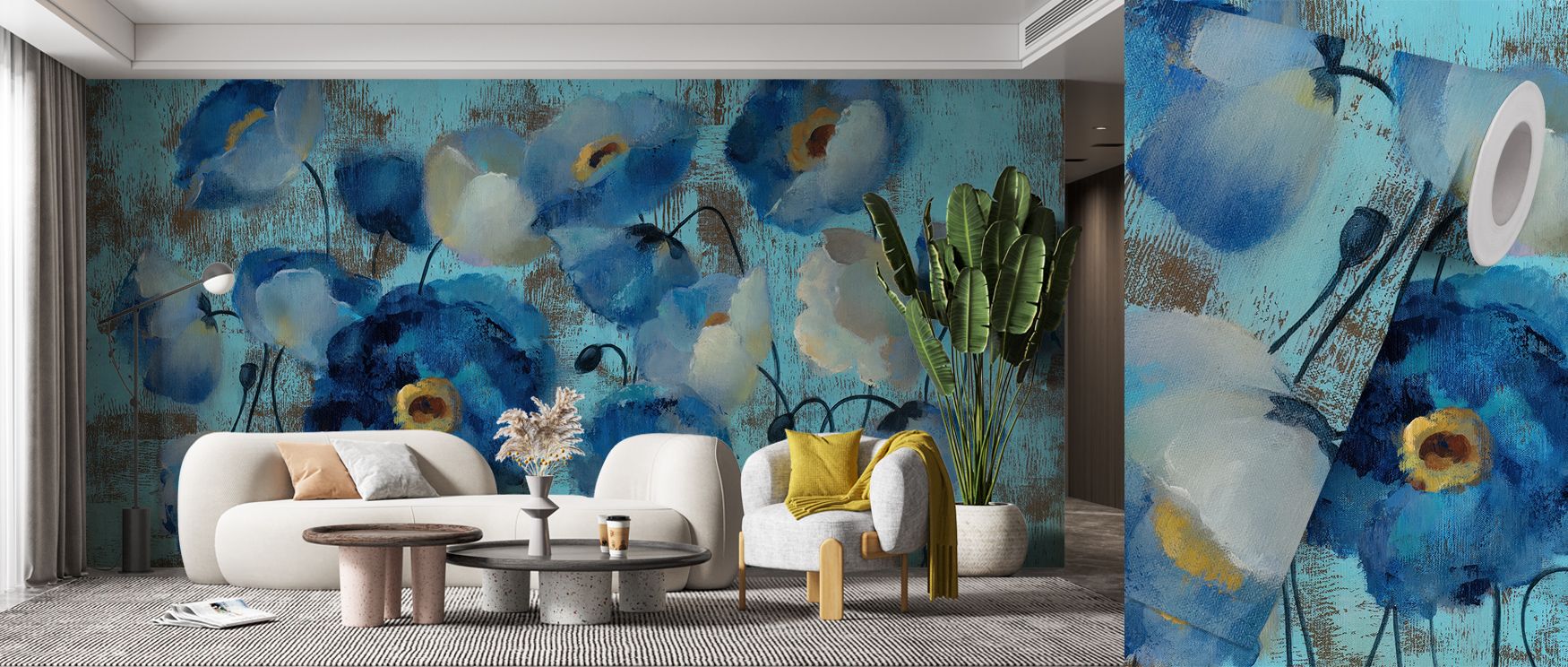Subtle elegance defines Aquamarine Floral on Blue Wallpaper, where fine petals glide across cool surfaces. The balanced composition evokes still water and light breeze, transforming interiors into havens of quiet sophistication and gentle modern luxury.