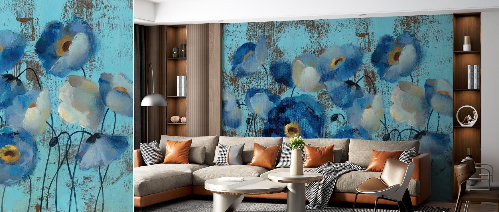 Soft radiance lingers through Aquamarine Floral on Blue Wallpaper, infusing depth with pastel calm. Each motif feels organic and fluid, turning rooms into serene reflections of nature’s artistry and emotive simplicity.
