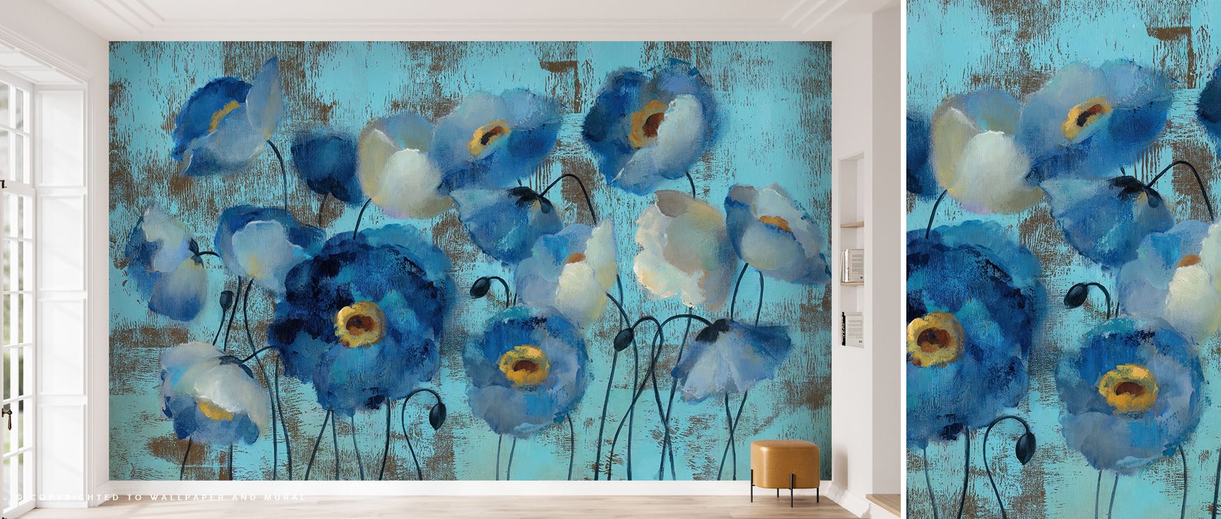 Graceful color fusion shapes Aquamarine Floral on Blue Wallpaper, its aquamarine blooms echoing water’s clarity. The design unfolds peaceful energy within living interiors, enhancing spatial purity and timeless appeal through delicate tone variation.
