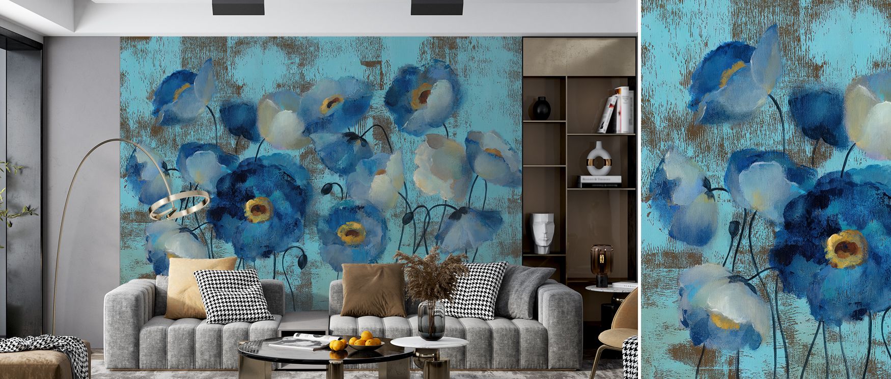 Contemporary softness defines Aquamarine Floral on Blue Wallpaper, each petal painted with tender precision. Blue and aquamarine interplay evokes balance and tranquility, creating poetic calm across walls bathed in gentle natural light.
