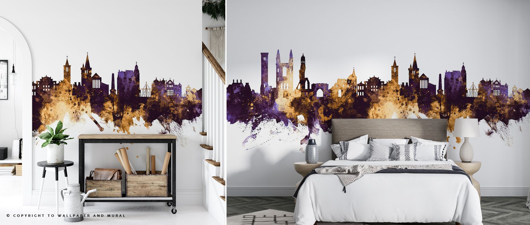 Royal hues illuminate At Andrews Scotland Skyline Purple & Gold Wallpaper, balancing heritage with refinement. The composition captures evening tranquility, filling spaces with poetic energy and timeless design harmony.