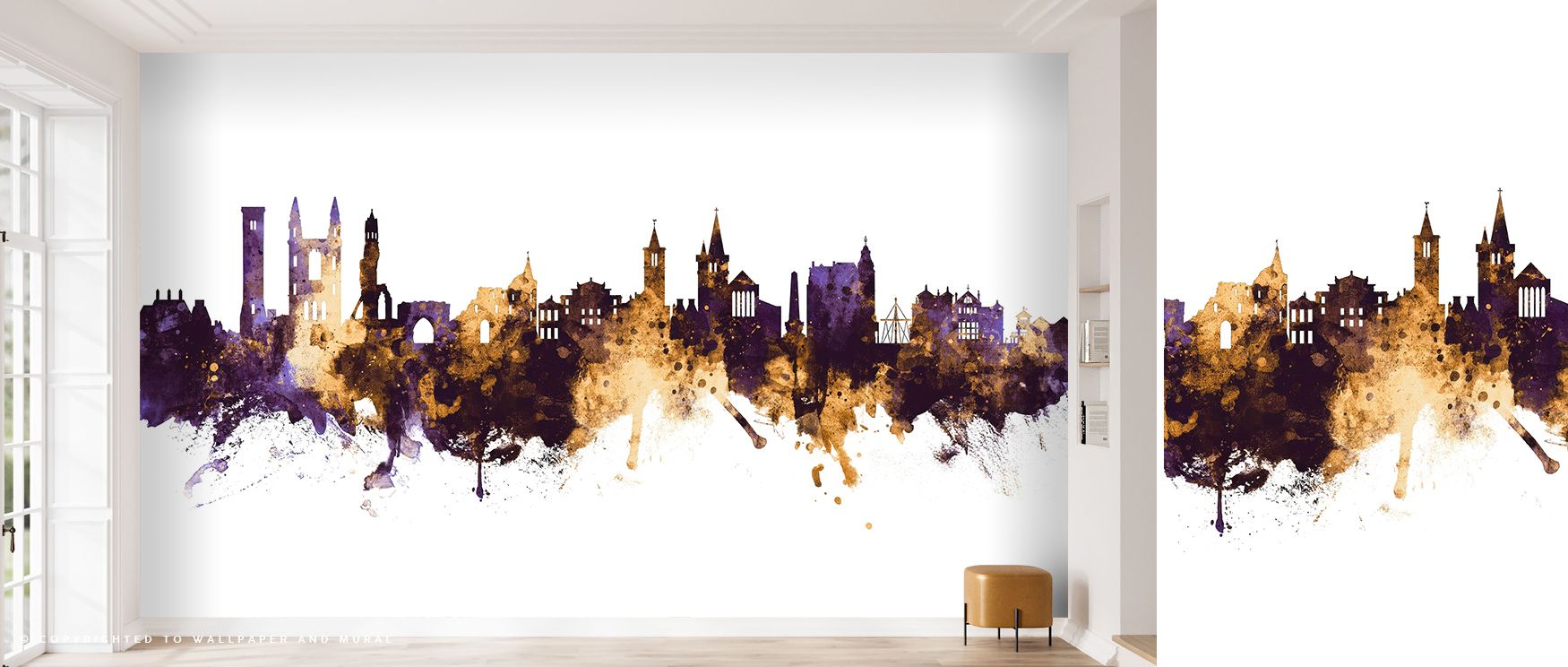 Sunset brilliance glows across At Andrews Scotland Skyline Purple & Gold Wallpaper, casting violet and amber reflections upon historic outlines. Each building radiates quiet majesty, enriching interiors with regal calm and luminous beauty.