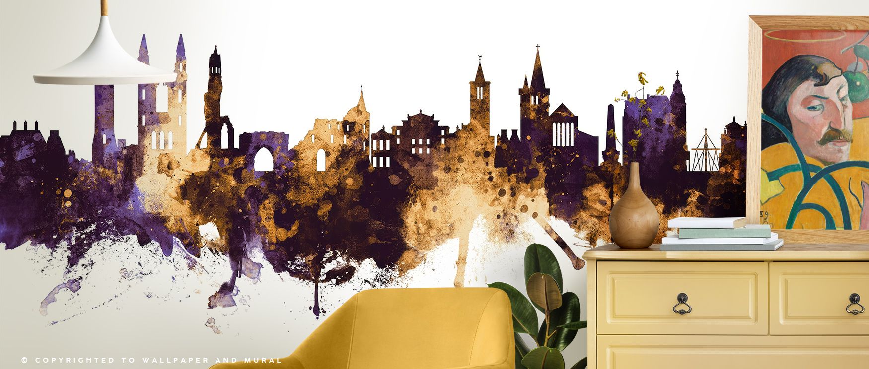 Golden mist embraces At Andrews Scotland Skyline Purple & Gold Wallpaper, merging artistry and architecture. The skyline emerges through soft gradients that create depth and atmosphere perfect for elegant living settings.