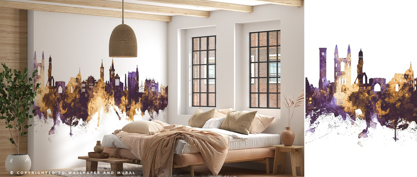 Gilded serenity defines At Andrews Scotland Skyline Purple & Gold Wallpaper, where color and structure meet in radiant contrast. Every line reflects balance and sophistication, enhancing contemporary interiors with classic grace.