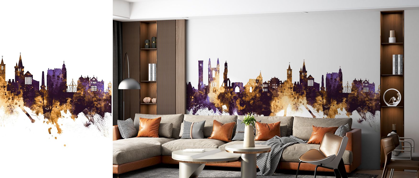 Architectural beauty glistens through At Andrews Scotland Skyline Purple & Gold Wallpaper, where evening light softens detail. Each tower breathes warmth and dignity, ideal for serene rooms embracing rich atmosphere.