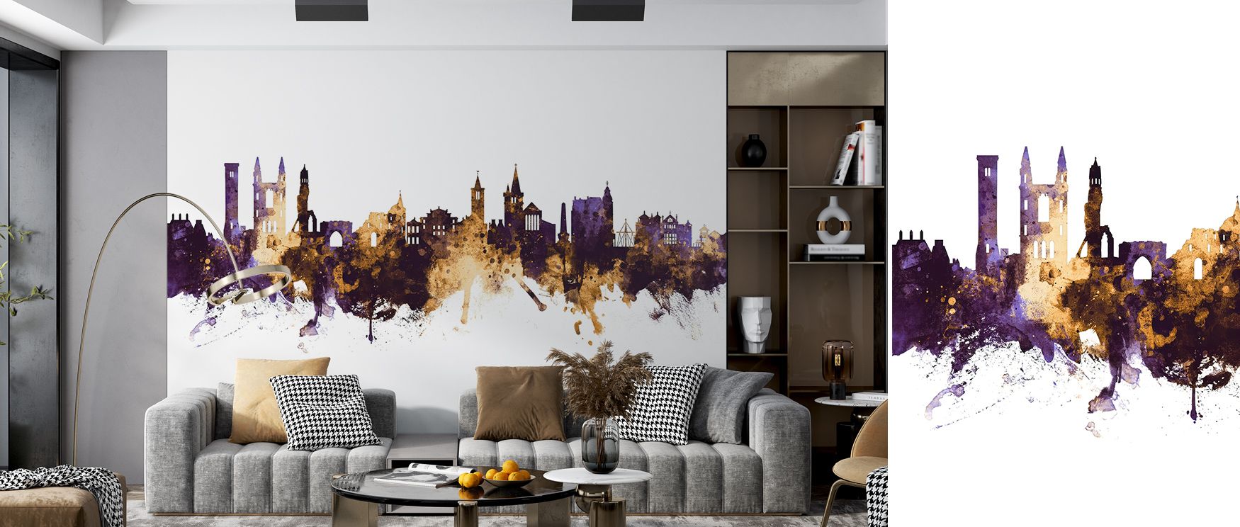 Subtle reflections shimmer in At Andrews Scotland Skyline Purple & Gold Wallpaper, painting silhouettes in layered metallic glow. The design invites calm elegance, merging historic inspiration and modern tone effortlessly.