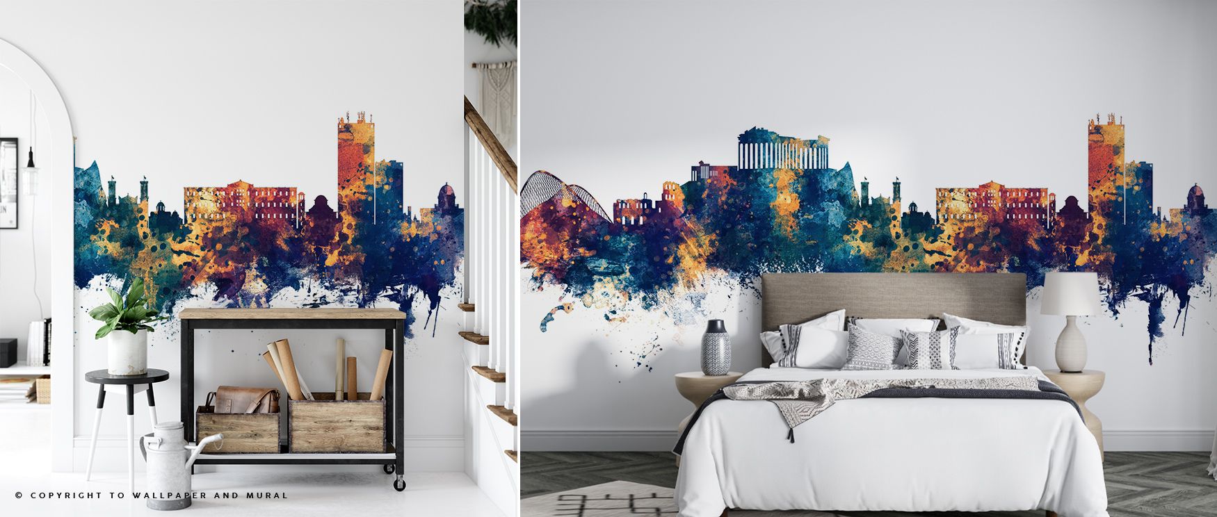 Soft twilight radiates through Athens Greece Skyline Blue & Bronze Wallpaper, blending deep cobalt and glowing bronze. The skyline shimmers with poetic harmony, filling living rooms with Mediterranean refinement and composure.