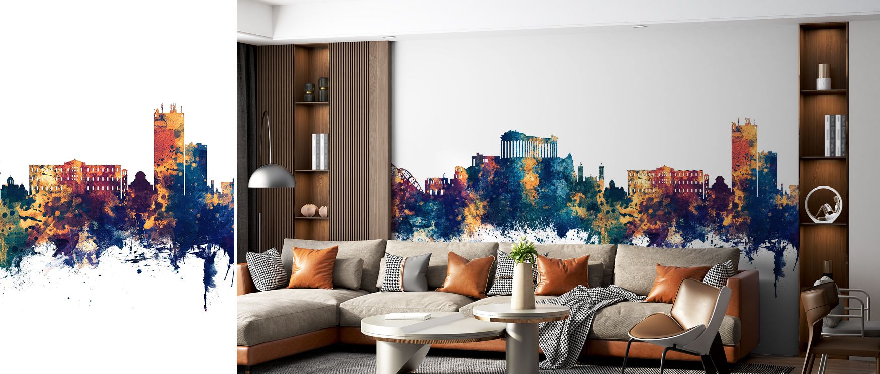 Hues of sea and sunset mingle in Athens Greece Skyline Blue & Bronze Wallpaper, painting skyline beauty through layered metallic tone. The artwork brings emotion and sophistication to refined modern environments.