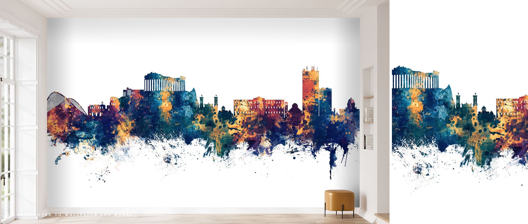 Evening stillness glows within Athens Greece Skyline Blue & Bronze Wallpaper, bathing structures in ethereal tone. The design evokes artistic calm ideal for rooms that celebrate elegance and quiet storytelling.