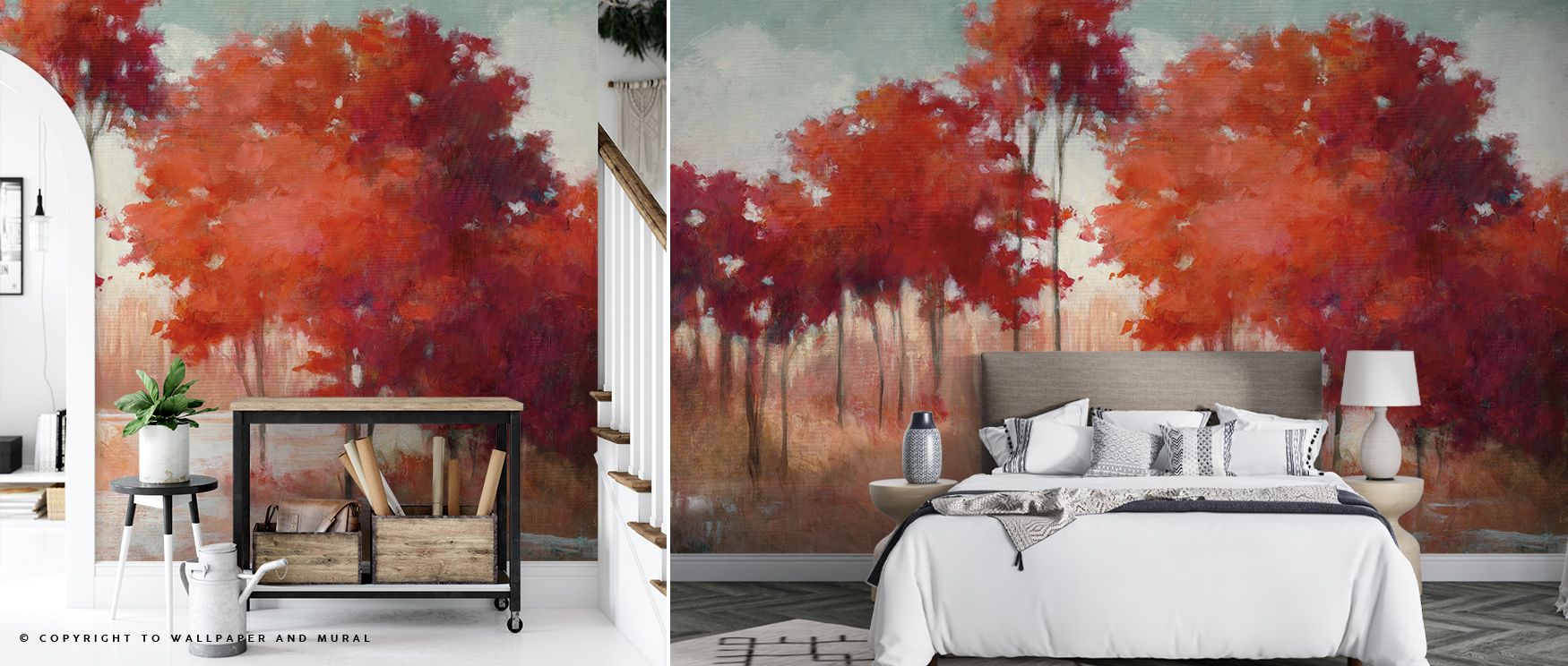Warm hues cascade through Autumn Lake II Wallpaper, blending reflections with textured color fields. The design radiates peace, crafting interiors that celebrate seasonal charm and natural sophistication.