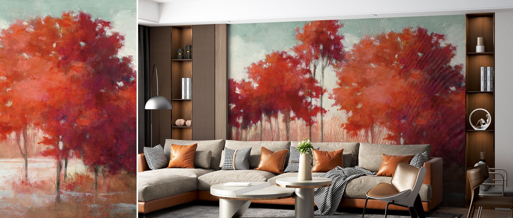 Tranquil depth defines Autumn Lake II Wallpaper, painting lakeside scenery in layered tone. Each detail suggests harmony, turning walls into serene landscapes filled with comfort and visual poetry.
