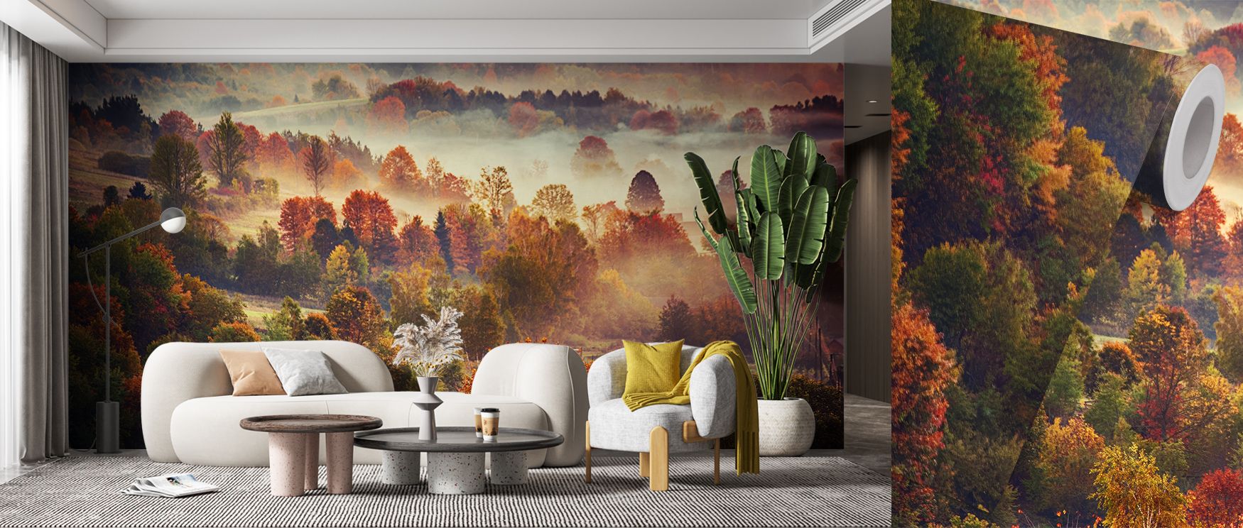 Peaceful valleys unfold beneath Autumn Mountain Morning Wallpaper, where misty woods meet amber reflections. Every contour reveals craftsmanship and emotional rhythm, evoking comfort, stillness, and wonder. The design’s layered tone captures nature’s poet