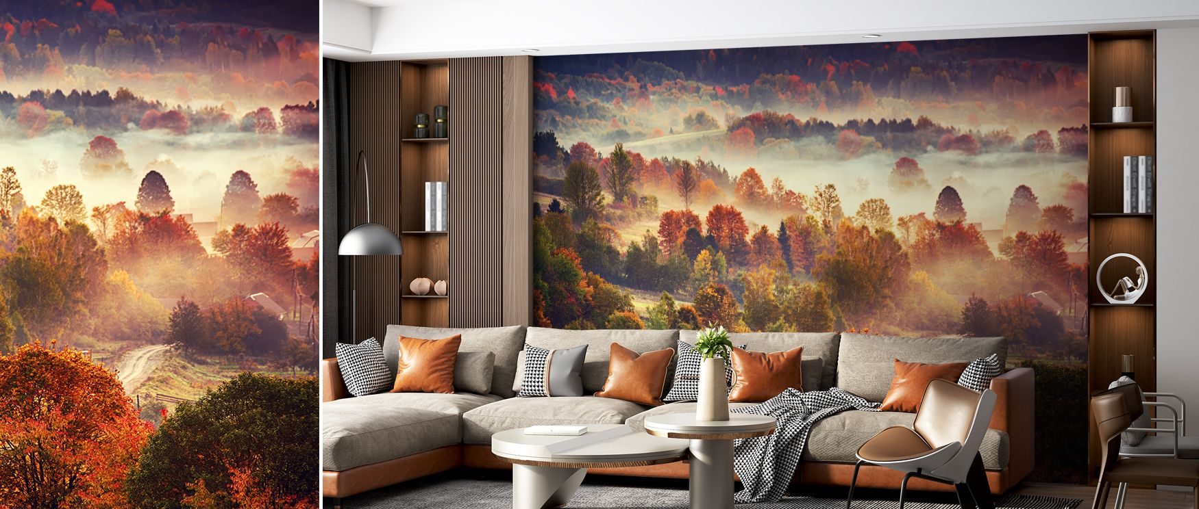 Gentle air drifts across Autumn Mountain Morning Wallpaper, carrying hues of burnt orange, pine, and morning silver. Each blend mirrors mountain serenity, adding visual depth and harmony. The design radiates energy and peace, perfect for interiors seeking