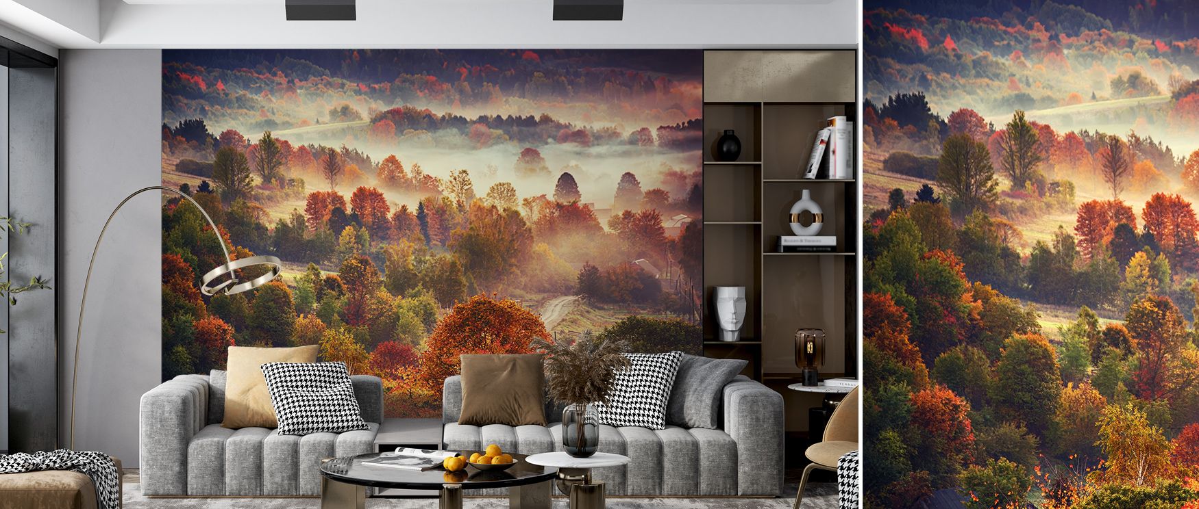 Amber brilliance shines within Autumn Mountain Morning Wallpaper, where mountain forms echo dreamlike light. Its layered artistry builds dimensional calm, offering walls serenity and connection to nature’s grandeur within elegant modern interiors.