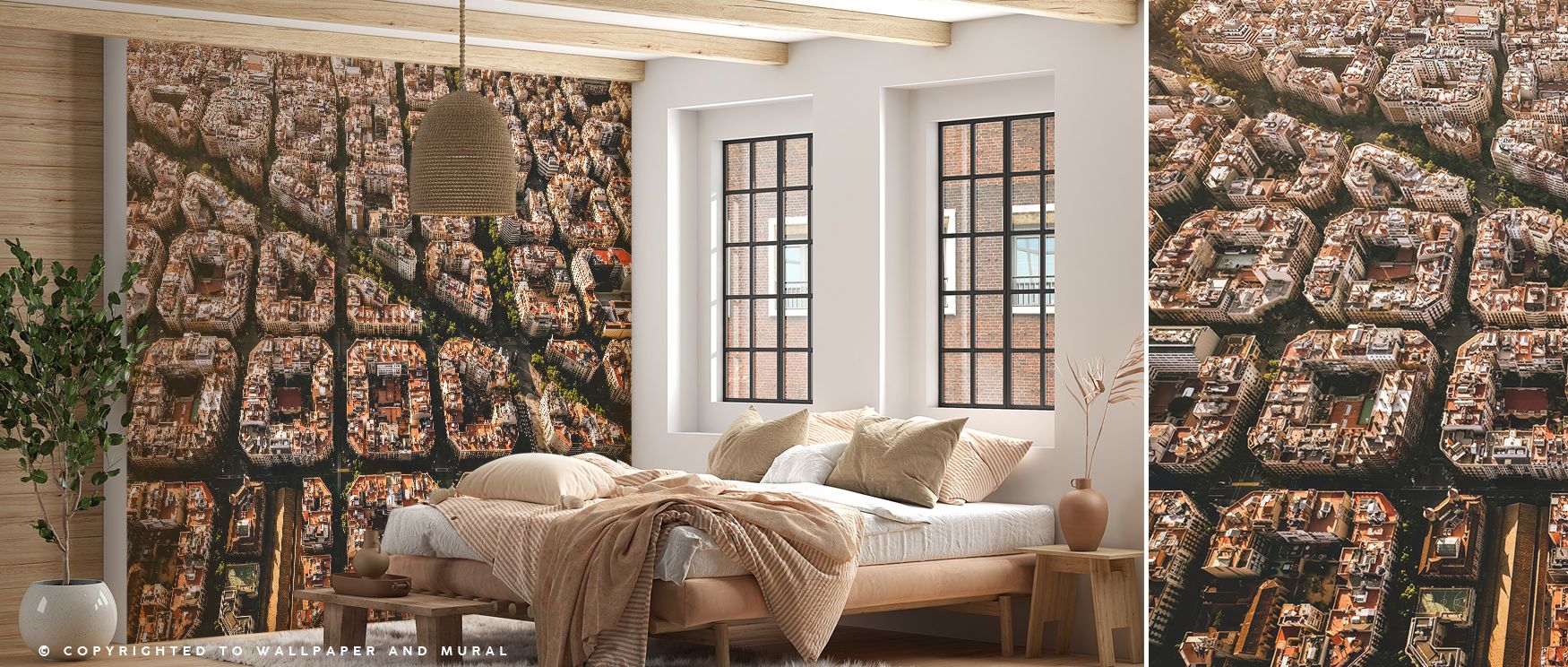 Golden afternoon light shines across Barcelona Aerial Wallpaper, highlighting tiled rooftops, plazas, and narrow lanes in rhythmic composition. The design evokes the warmth of Mediterranean life, turning interiors into artistic panoramas alive with histor