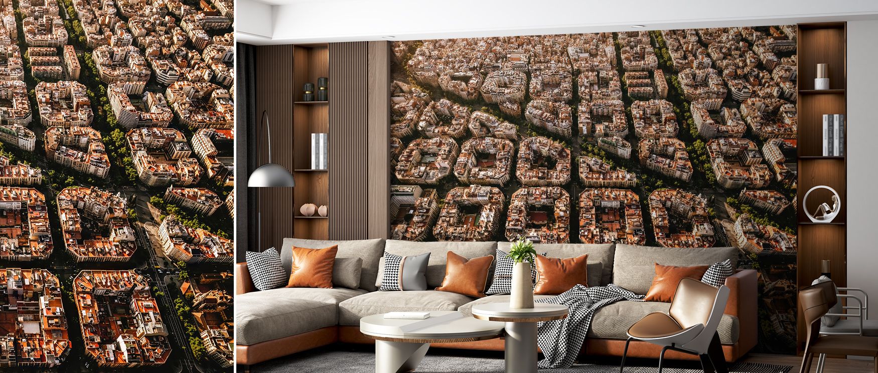 Reflective light glows through Barcelona Aerial Wallpaper, where rooftops form mosaic-like composition. Each structure mirrors beauty and unity, evoking balance and imagination that suits interiors seeking creative energy and modern Mediterranean allure.