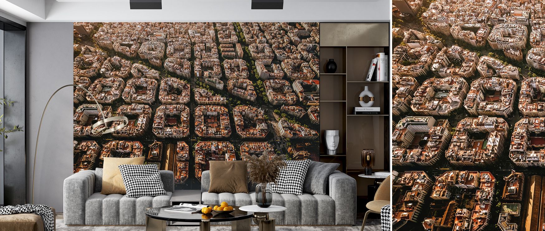 Evening light caresses Barcelona Aerial Wallpaper, casting gentle shadows over terracotta lines. The design enhances interiors with ambiance and movement, celebrating color, space, and artistic craftsmanship inherent to Barcelona’s creative legacy.