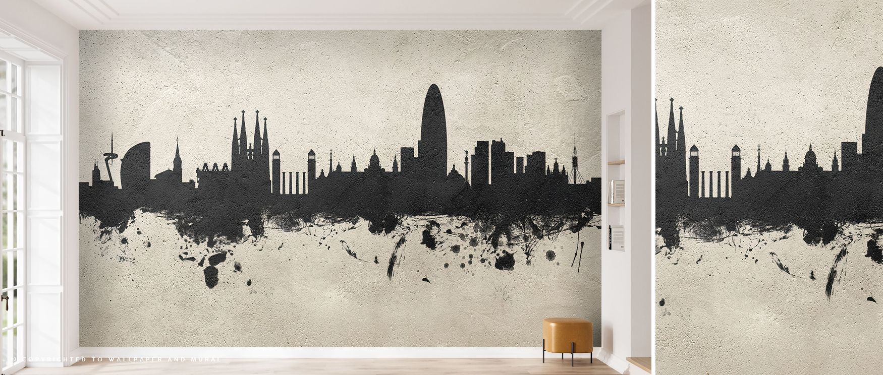 Muted light glides across Barcelona Skyline Concrete Wallpaper, revealing detailed architecture layered through misty concrete tone. The skyline’s contours shimmer subtly, evoking balance and movement, ideal for living rooms or lofts filled with modern ca