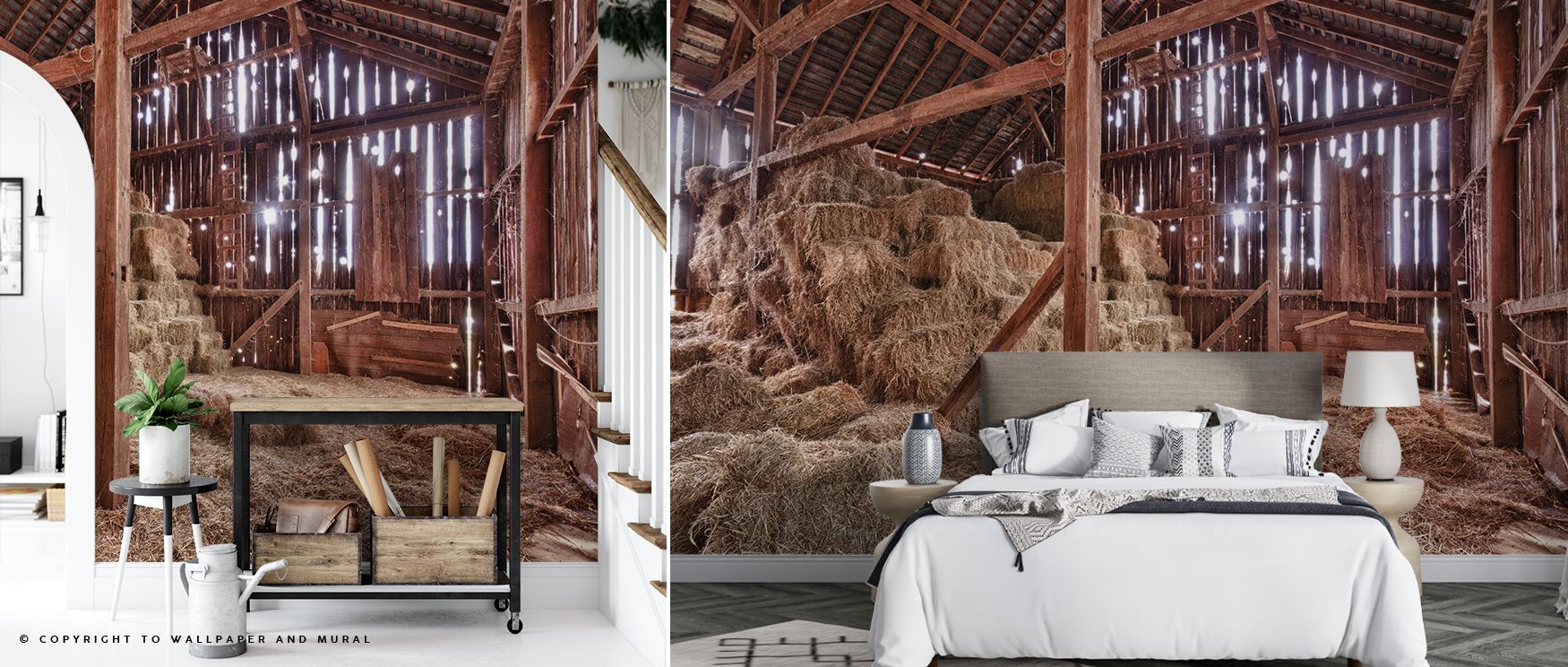 Weathered wood depth defines Barn Beams Wallpaper, highlighting detailed beams in subtle shadow and light interplay. The pattern evokes barns and heritage craftsmanship, adding authenticity to homes that value natural design and rustic tranquility express