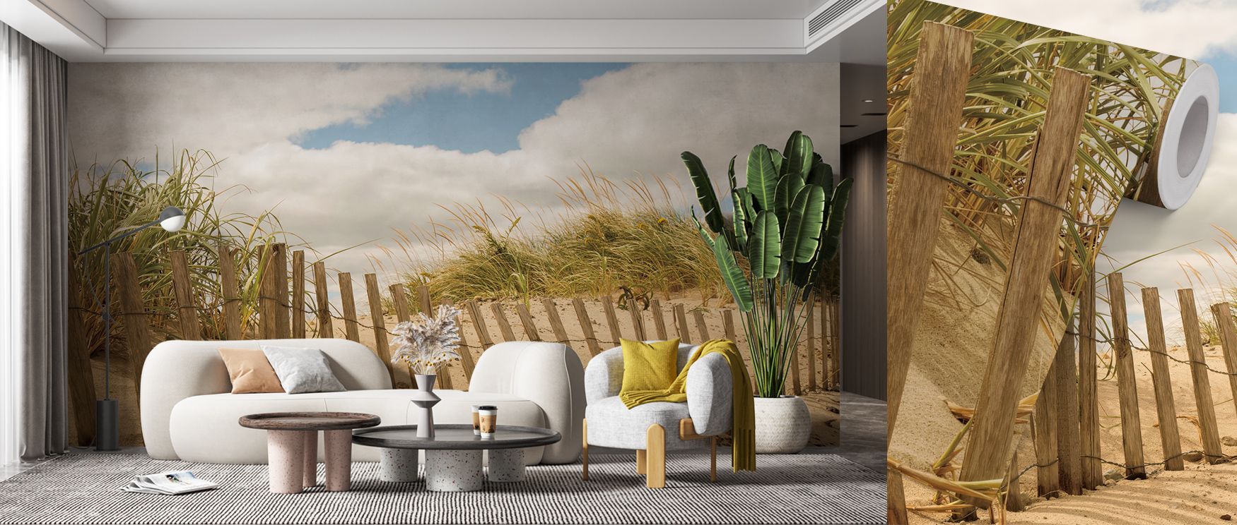 Golden light touches Beach Dunes I Wallpaper, tracing delicate contours through misted tone. The design harmonizes movement and calm, ideal for interiors seeking meditative softness and refined simplicity guided by nature’s timeless beauty.