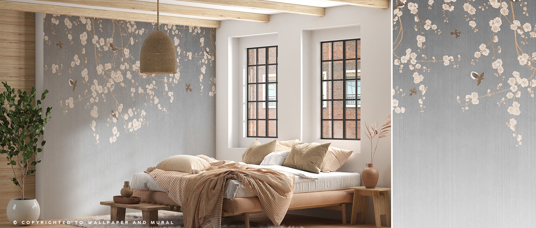 Silver luminescence spreads across Beneath The Cherry Tree Gray Wallpaper, blending light and shade through tranquil rhythm. Each detail suggests intimacy and renewal, crafting interiors that exude elegance, balance, and delicate artistic refinement.