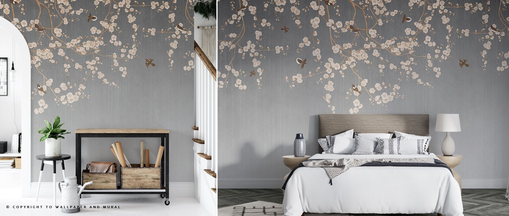 Tranquil blossoms drift within Beneath The Cherry Tree Gray Wallpaper, forming soft gradients of white and blush. The composition expresses peace and emotional warmth, ideal for interiors embracing serenity, grace, and timeless floral sophistication.