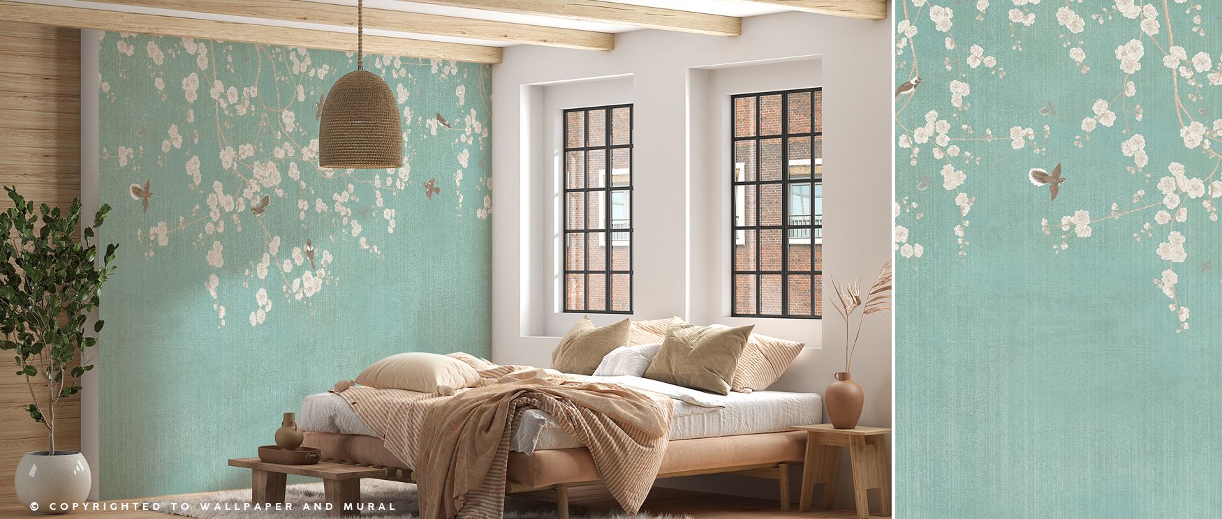 Blossoms drift through subtle mint horizons in Beneath The Cherry Tree Mint Wallpaper, evoking balance and inner peace. The design enriches rooms with delicate texture and luminous tranquility, creating immersive floral atmosphere suffused with artistic s